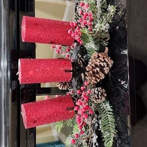 Artifical Greenery with  Berry & Pinecone 3- Piece Candle Holder Center Piece